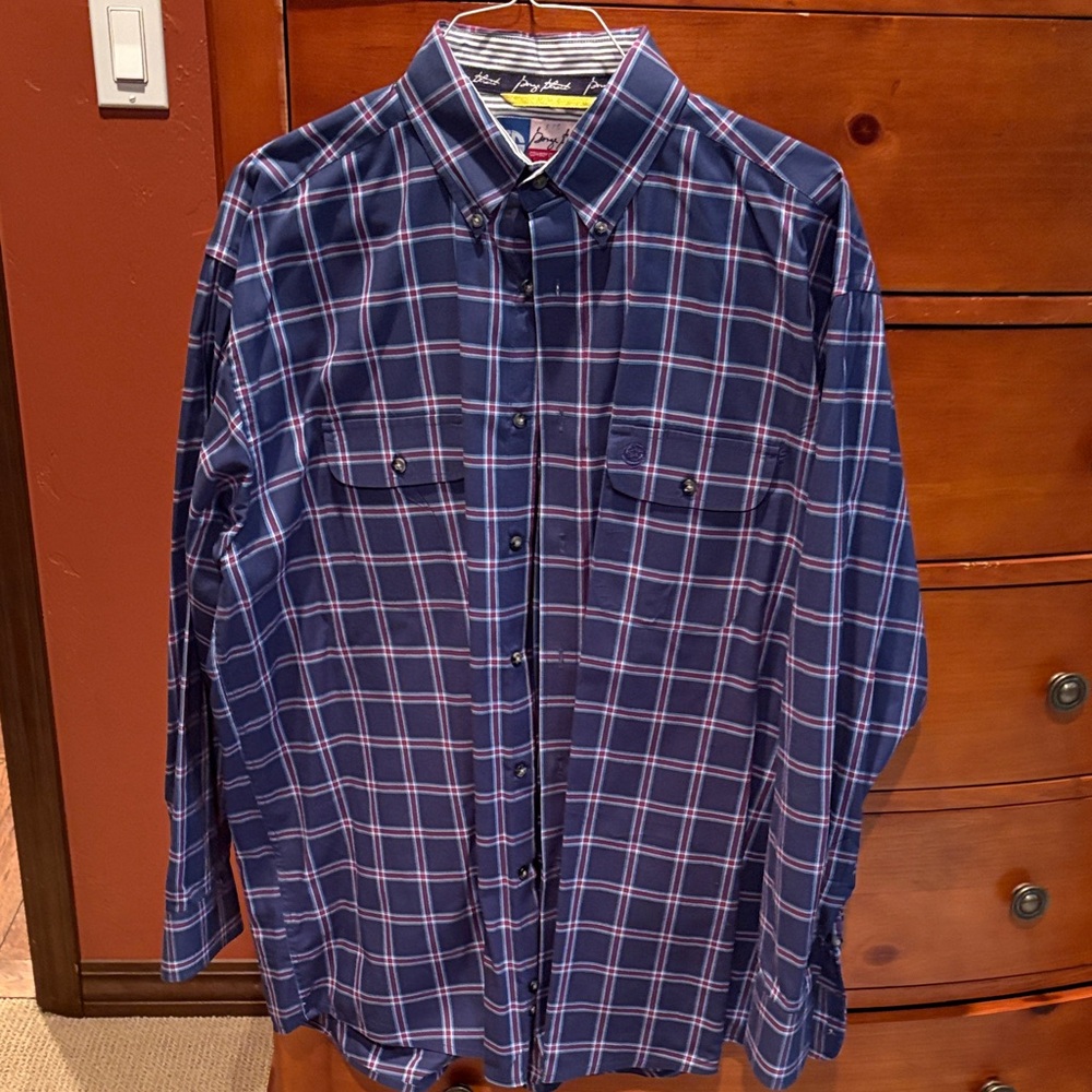 Wrangler George Strait Men's Cowboy Navy and Purple Plaid Button-Down